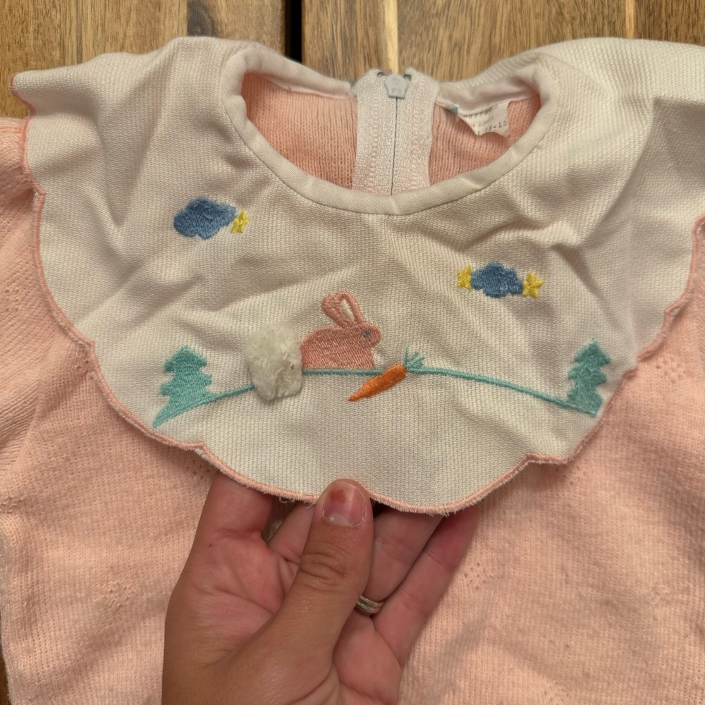 Vintage‎ Baby Girl Pink Knit Sweater Bunny Embroidery Peter Pan Collar Easter